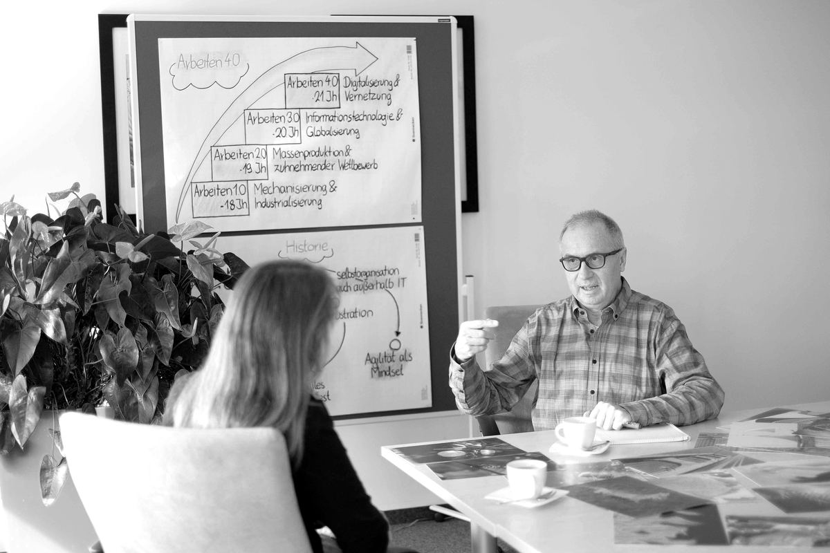 Dietmar Simon im Coachinggespräch vor einem Flipchart